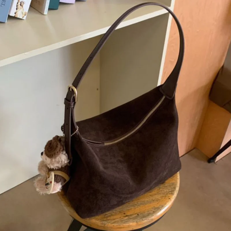 

Korean Suede Underarm Bag Women Casual Commuter Shoulder Bag Vintage Matte Leather Minimalist Solid Color Zipper Crossbody Bag