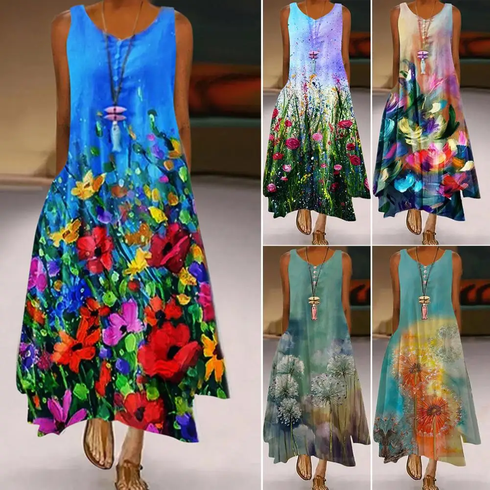 Floral  Fashion Flower Print Long Dress Cool Casual Dress Soft   for Holiday