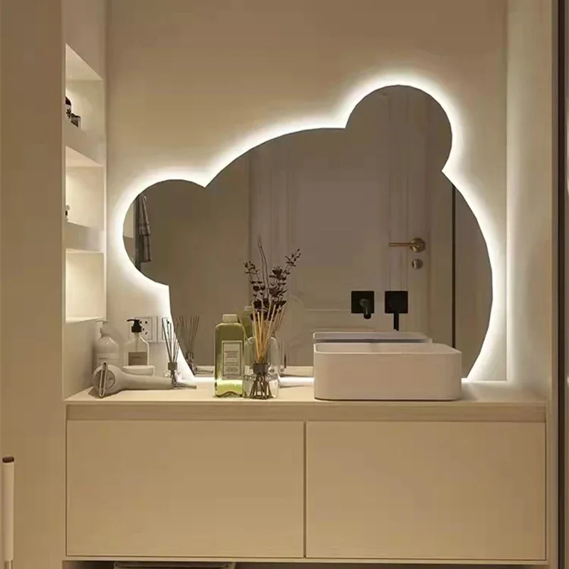 Customized Bathroom Mirror Light Wall Bear Toilet Cute Makeup Mirror With Lamp Touch Smart  Bath Mirrors