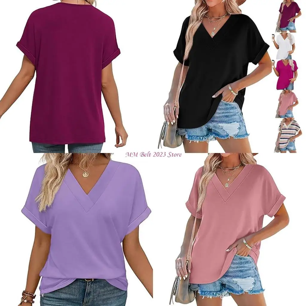 49ME Elegant Women's Short Sleeve V Neck Top Dolman Sleeve Casual Loose Fit T-Shirt Blouse for Summer Casual or Work Outfit