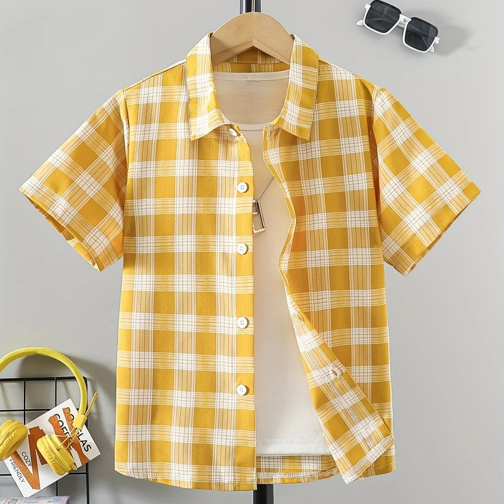 

2024 Kids Clothes Plaid Shirt Casual Checkered Children's Clothing Short Sleeve Top Shirt Lapel Collar Blouses for Girls Clothes