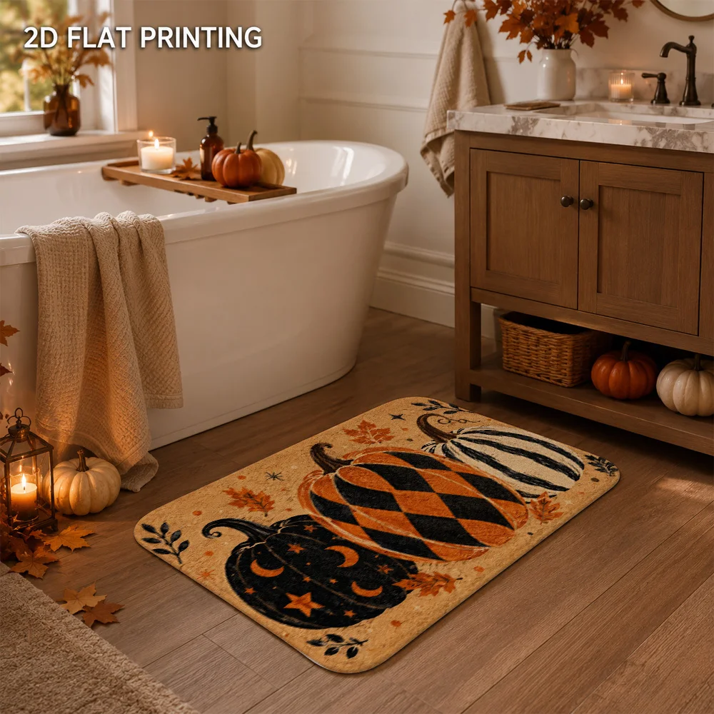 Halloween Flannel Doormat Vintage Fall Pumpkin Leaves Print Non Slip Washable Entryway Rug Farmhouse Autumn Porch Home Decor Mat