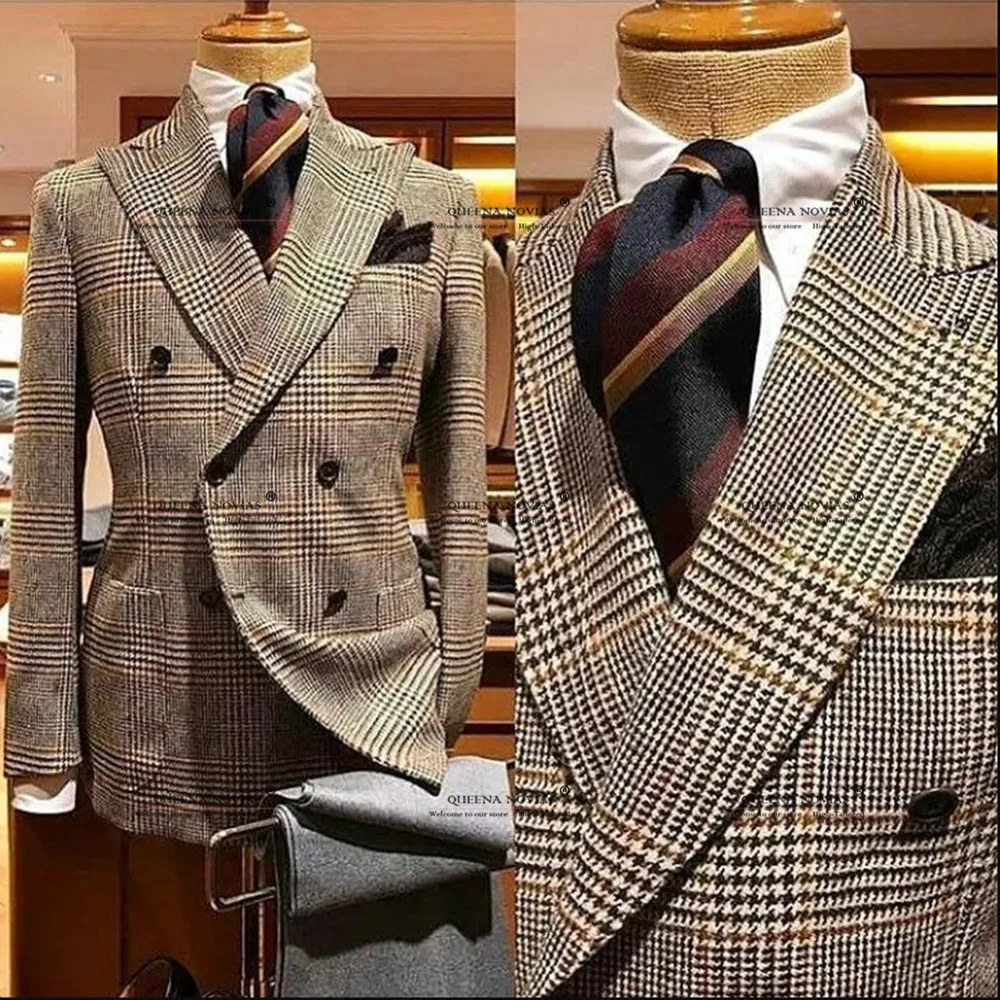 Classic Groom Wedding Tuxedo Houndstooth Elegant For Men Double Breasted Prom Blazers Customized 2 Pieces Man Business Clothing