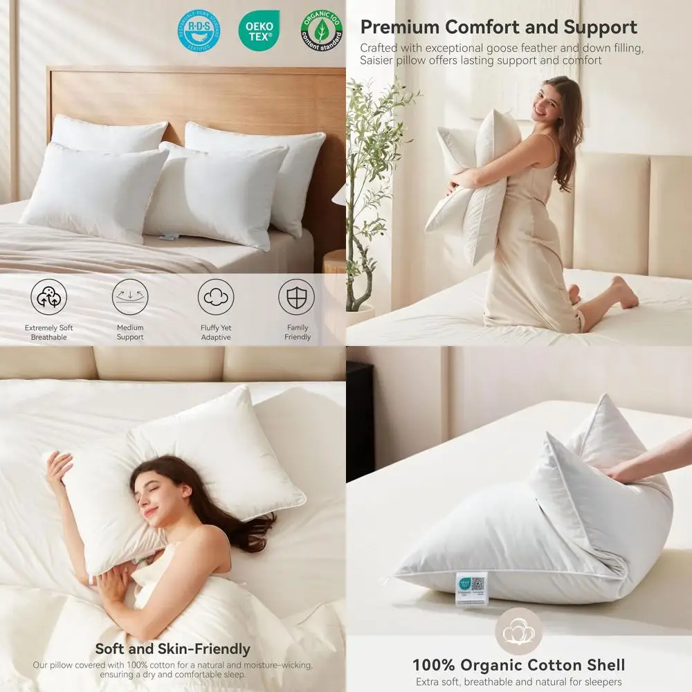 

Подушки из гусиного пуха размера «Queen», 100% органический хлопок, класса люкс как в отеле, дышащие и пушистые, 1 штука (50x75 см)