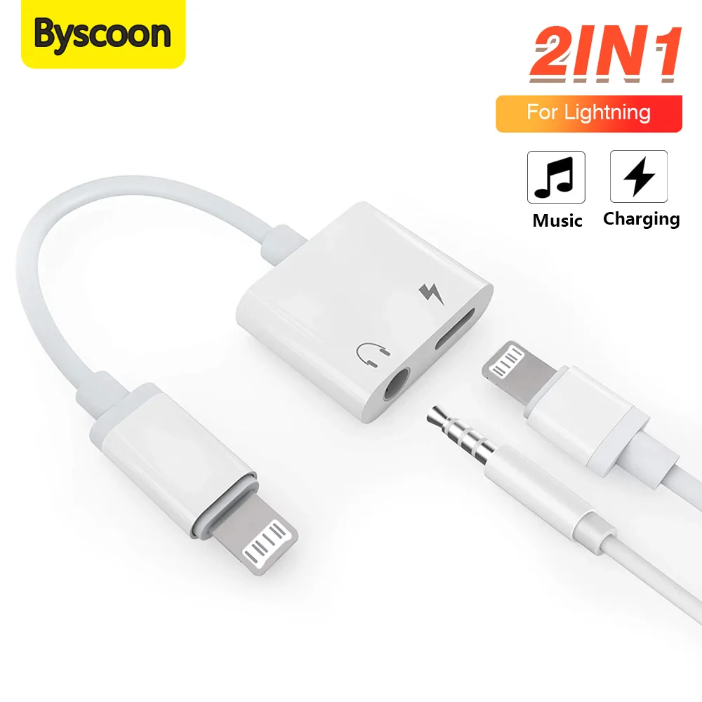 Byscoon 2 IN 1 earphones Jack Charger Adapter AUX Cable For iPhone 14 13 12 11 Pro XS Max XR lightning to 3.5MM/Type C