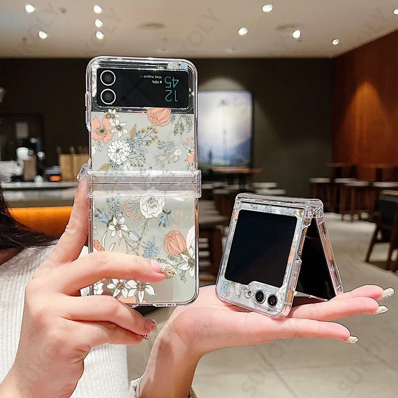 For Samsung Galaxy Z Flip 5 Z Flip 4 Z Flip 6 Flower Pattern Clear Case For Samsung Z5 Z4 Z3 Shockproof Hard PC Folding Cover
