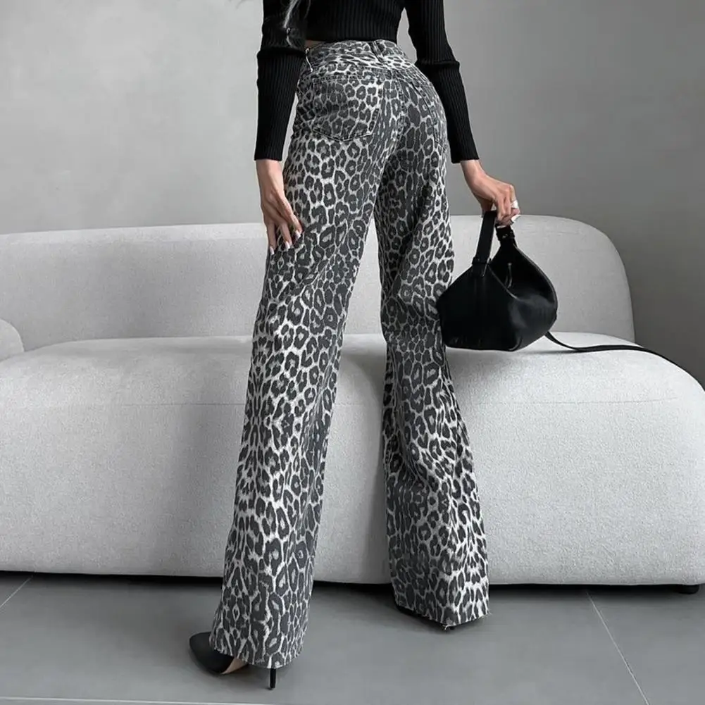 Women Leopard Print Jeans High Waist Button Zipper Fly Wide Leg Long Trousers Loose Fit Long Pants Baggy Jeans Pantalones