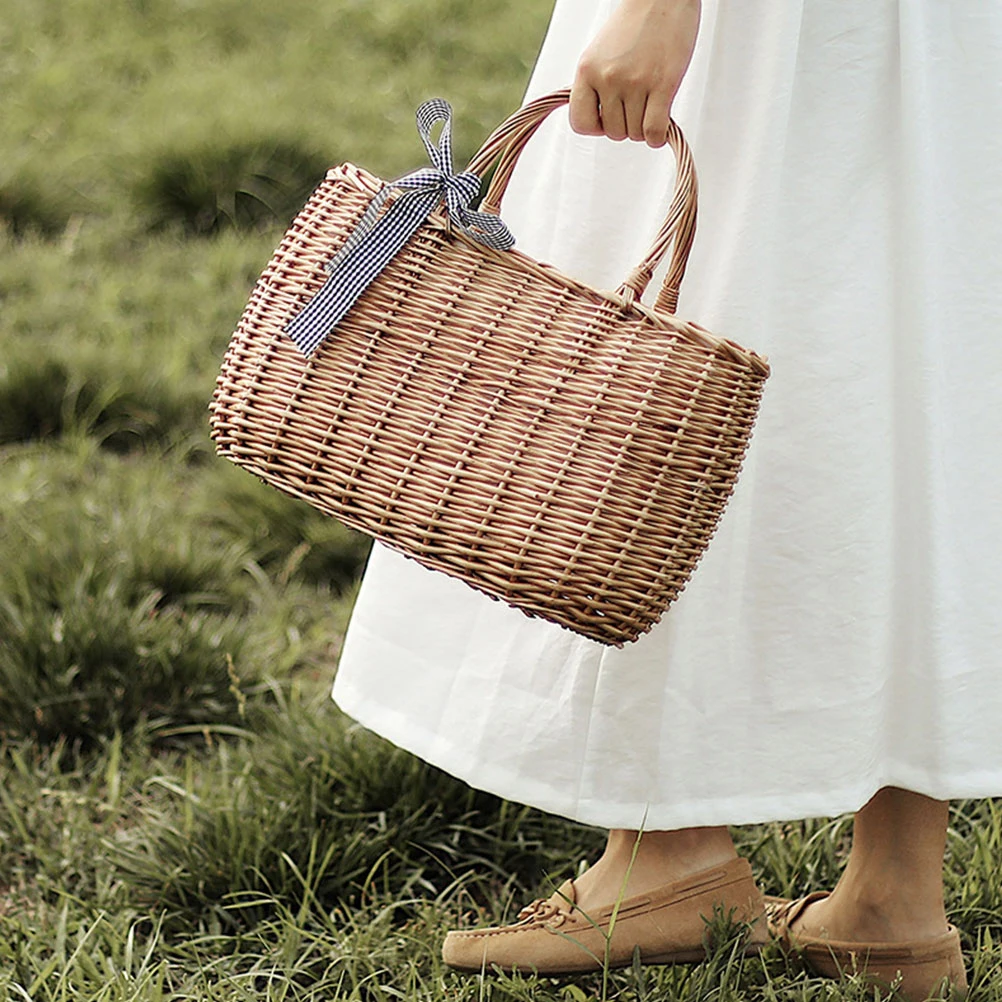 

1pc Large Capacity Natural Rattan Handwoven Storage Basket Portable Fruit Flower Container Woven Shopping Bag Vietnamese Style