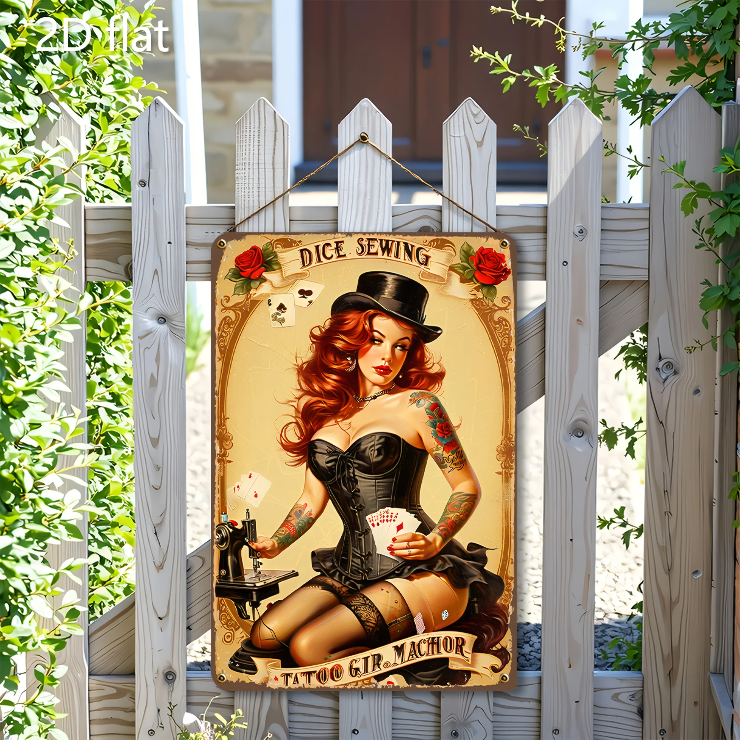 Vintage Tattooed Lady Playing Cards Metal Wall Art -  Retro Sewing Room Decor, Indoor/Outdoor Hanging Sign with Floral