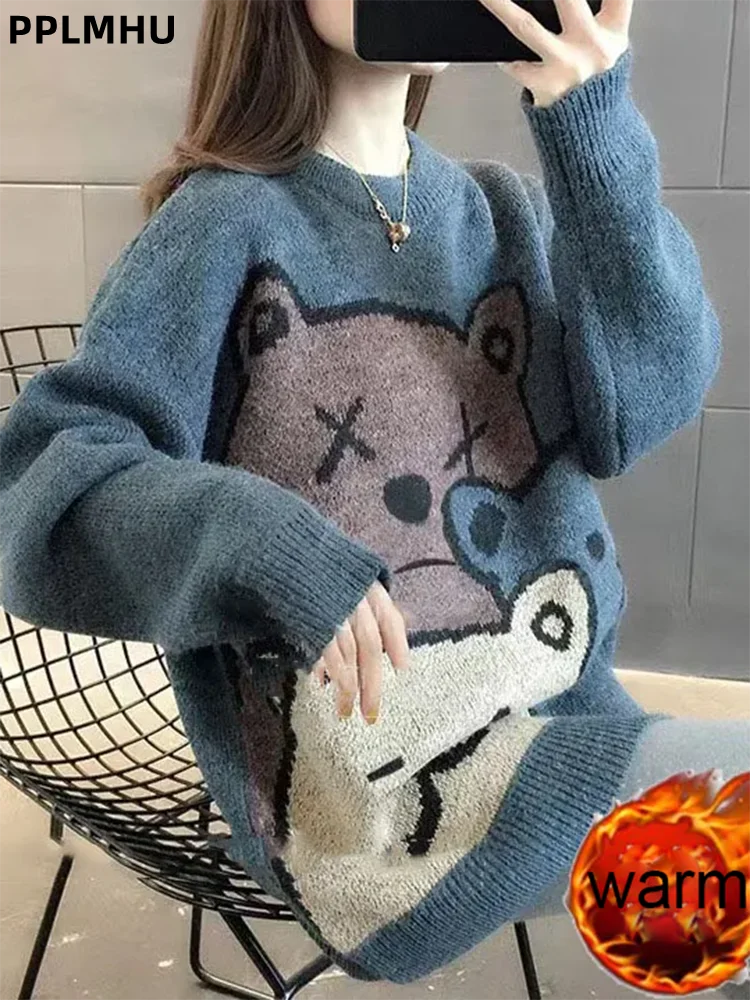

Толстый плюшевый бархатный теплый свитер с круглым вырезом, мешковатые мягкие новые топы, джемперы, женские повседневные модные пуловеры с мультяшным узором Sueter