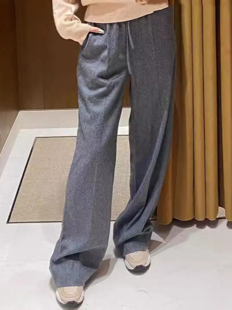 Women Gray Long Pants Lace-up Elastic Waist Casual Ladies Wide Leg Trousers