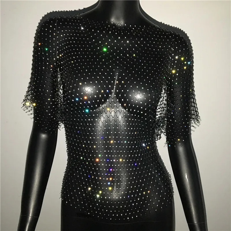 Sexy New Mesh Rhinestone Long Sleeve T Shirt Women Hollow See-through Fishnet Tops Summer Casual Shirt Party Club Women Clothing