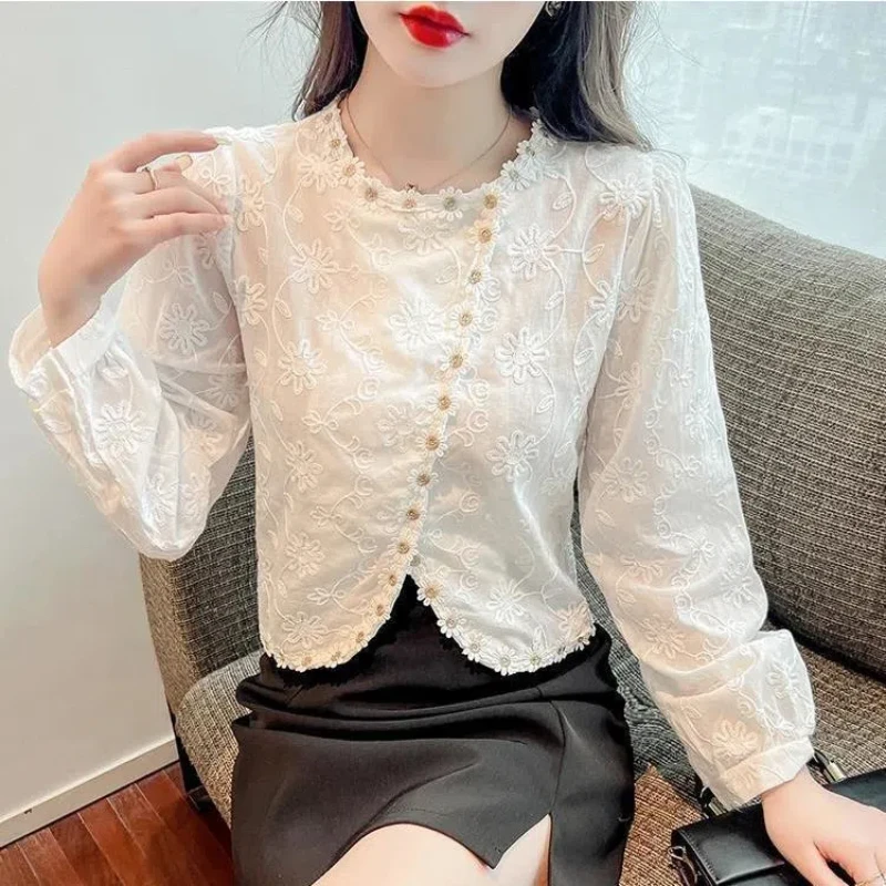 Temperament Sping Autumn New Women\'s Solid O-Neck Button Lace Jacquard Weave Korean Fashion Long Sleeve Pullovers Shirts Tops