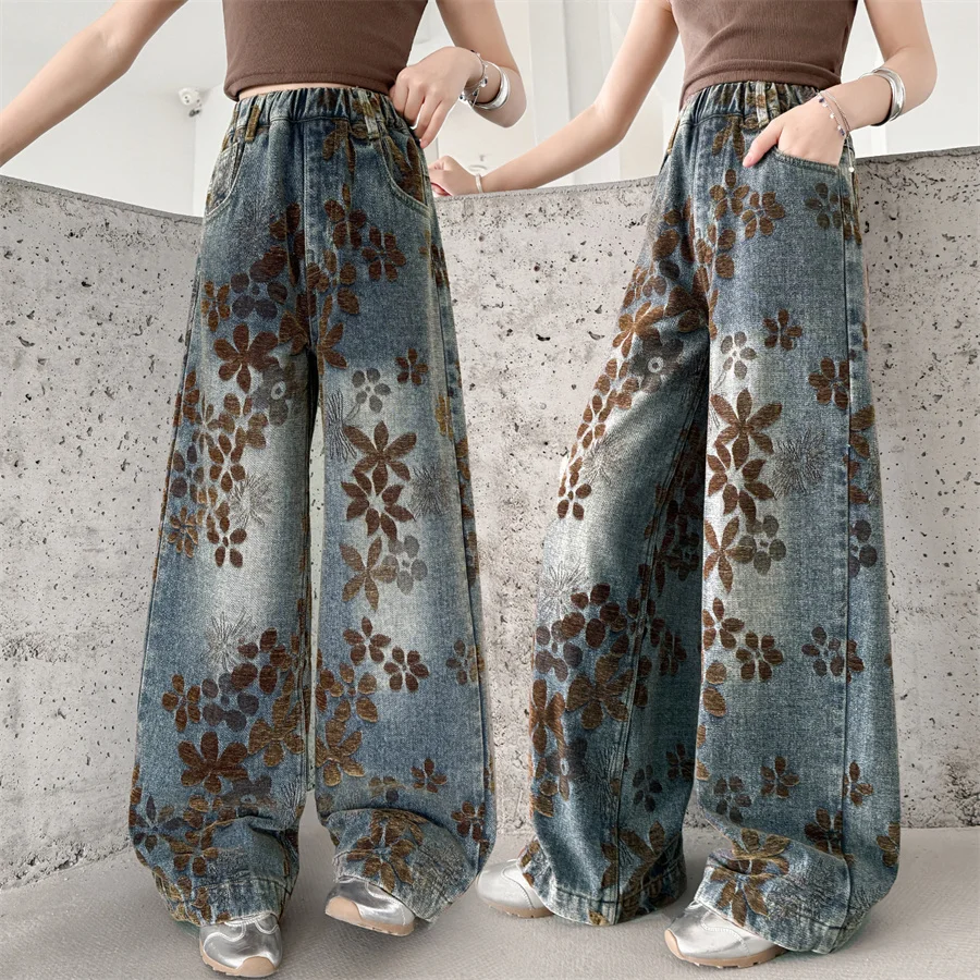 

American Street Child Clothing Retro Embroidered Jeans For Girls y2k Hip Hop Pants Kids Denim Trousers with Jacquard Pattern