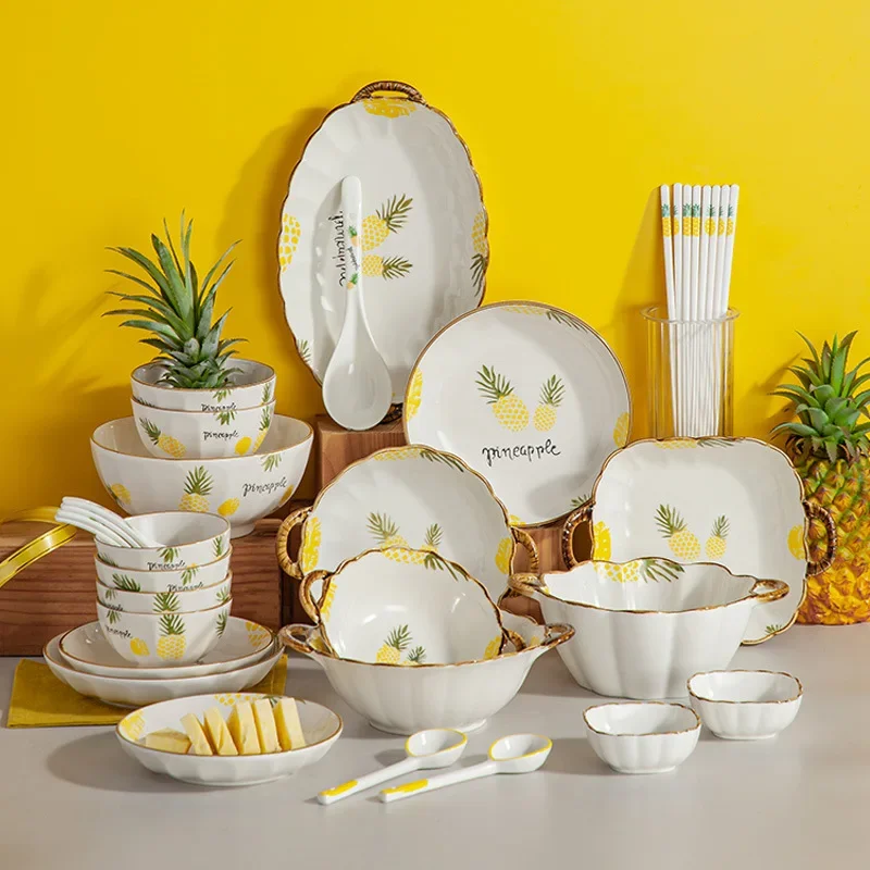 Platos de cerámica creativos de la serie piña, vajilla, platos para el hogar, platos, platos de pescado, cuencos, platos de cena de inauguración de la casa