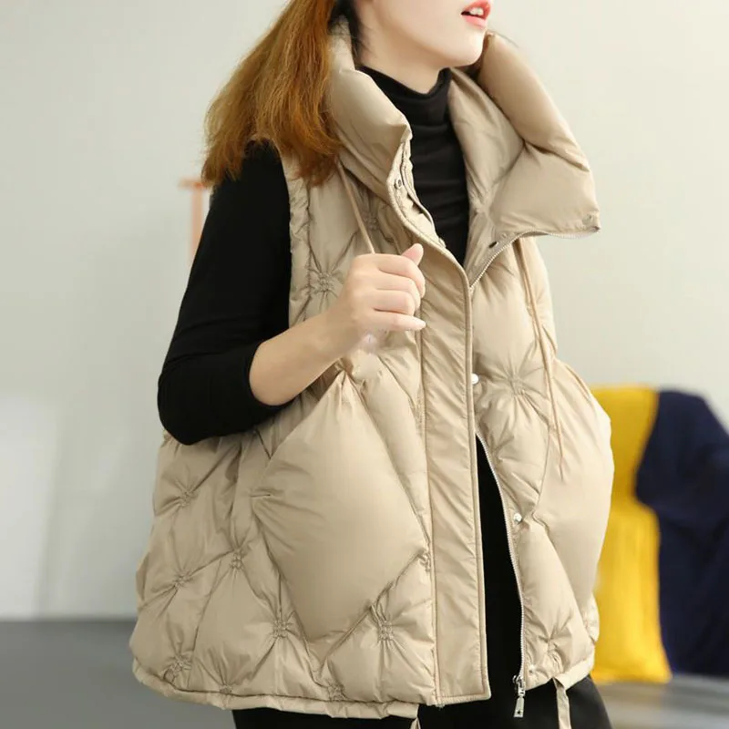 Hooded Women Loose Down Cotton Vest Coat Lace-up Elegant Vintage Fashion Korean Warm Jacket Winter Lady Thicken Sleeveless Coat