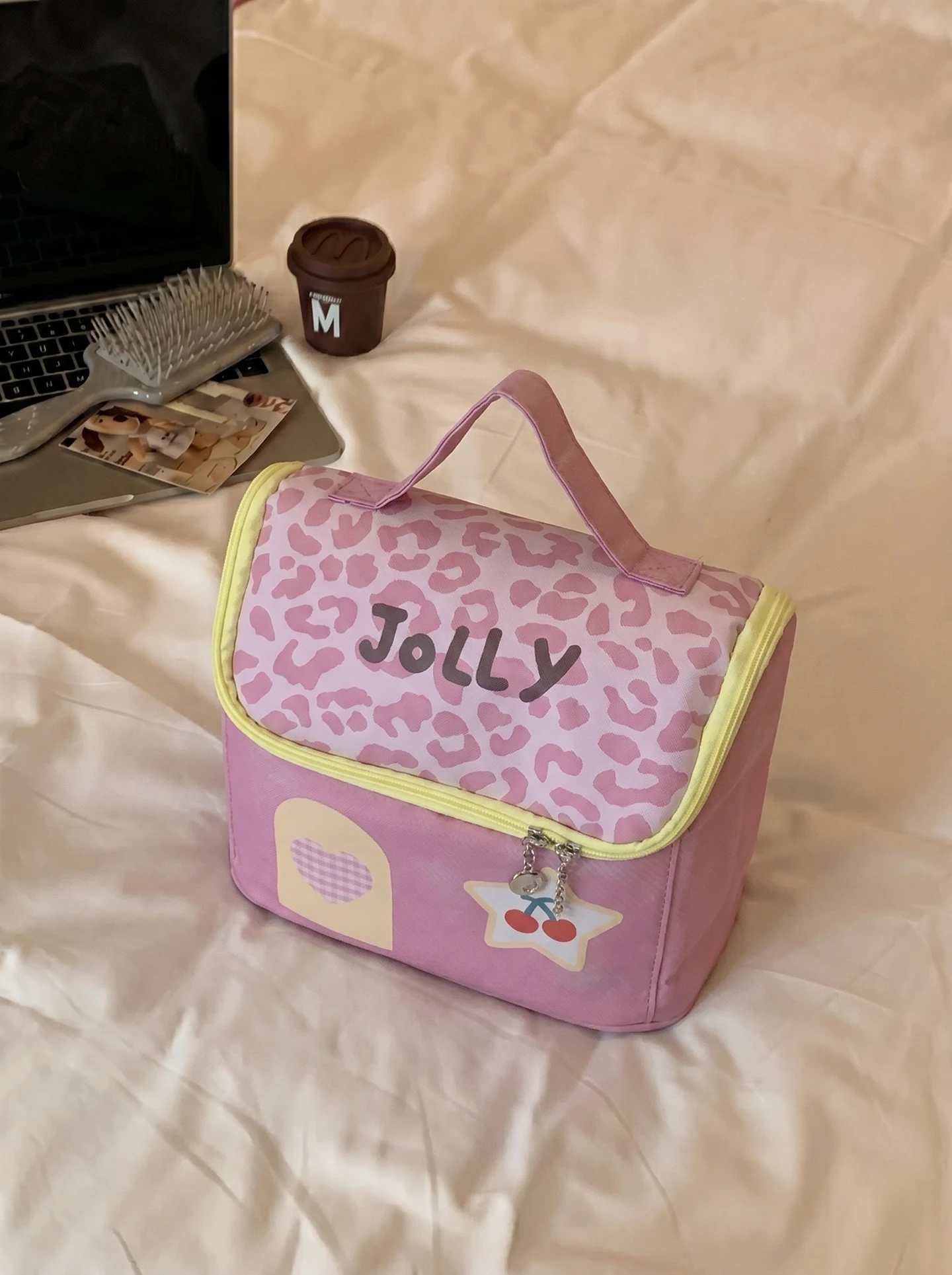 ポータブルトラベルメイクアップバッグ大容量チェリーハウスデザイン化粧品収納オーガナイザー女性に優しいpu軽量防水