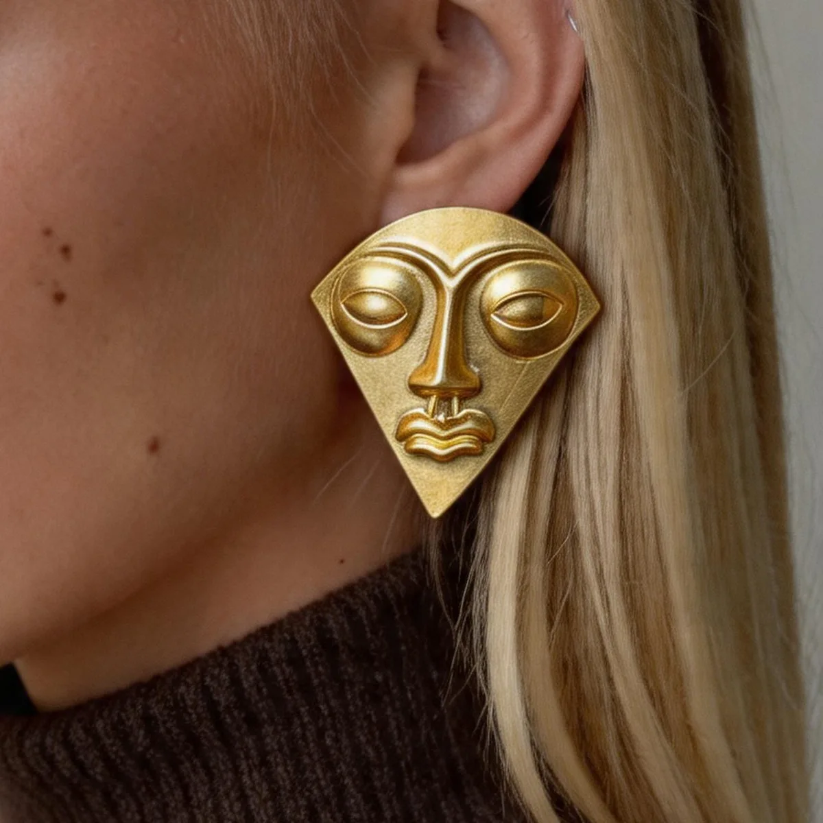 Metal fan-shaped portrait stud earrings exaggerated unique personality earrings retro simple fashion earrings women