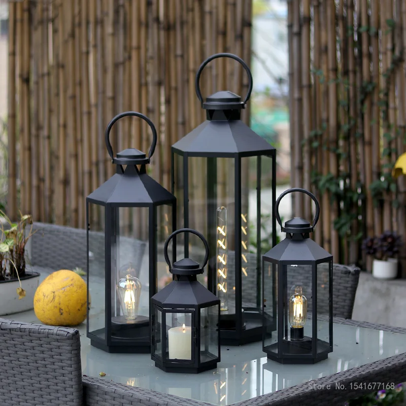 Nordic Outdoor Glass Windproof Candlestick, Wrought Iron, Floor Wind Lamp, Simple Shooting Props, Retro Garden Decor view 3