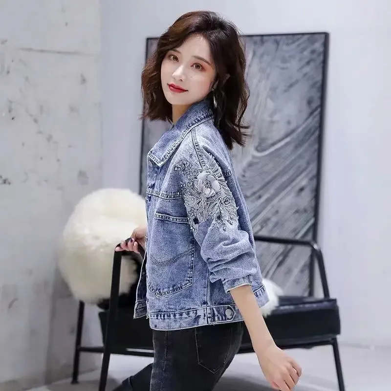 Female Jeans Coats Spring Autumn with Beads Women's Denim Jackets Loose Studded Deals New in Promotion Chic and Elegant Cheap