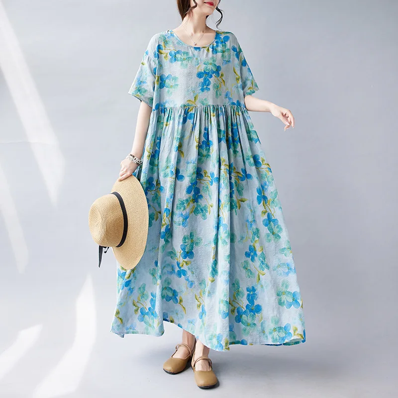 

X2030 Summer Large Size Dress For Women Retro Short Sleeve Blue Flower Print Pullovers Loose Long Dresses