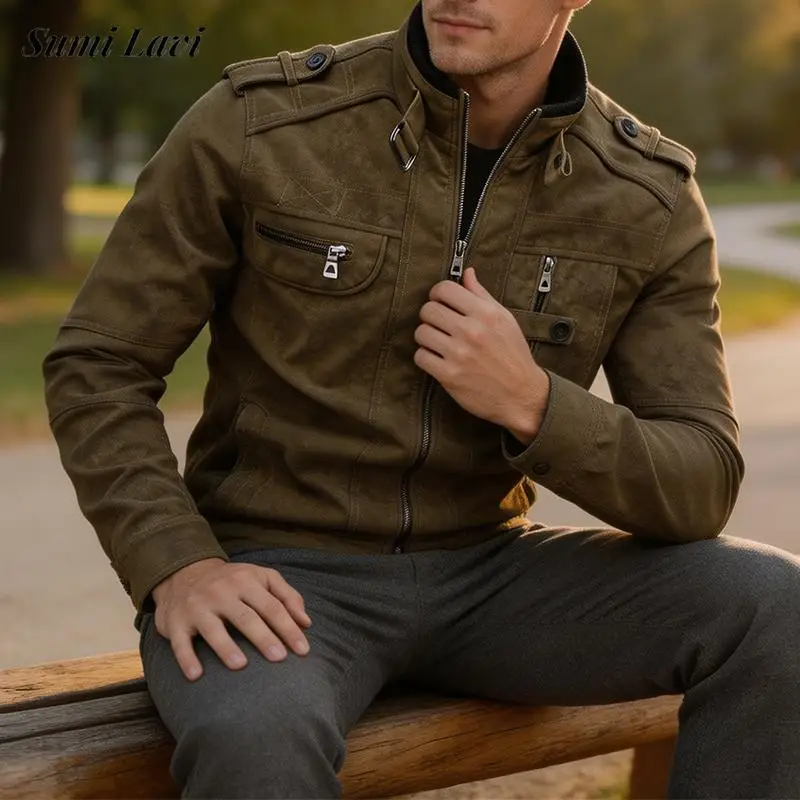 Tägliche Freizeitjacke mit mehreren Taschen, Vintage-Windbreaker für Herren, Herbst-Winter-PU-Lederjacke mit Stehkragen, Cargo-Mantel