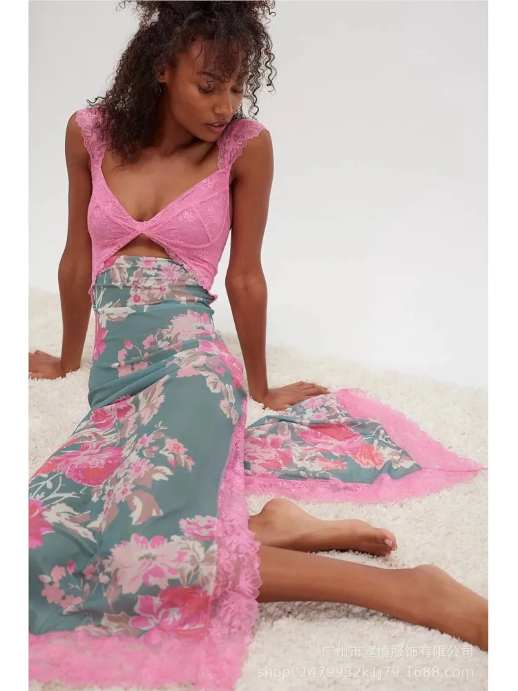 Sexy Lace Patchwork Slim Dresses Women Summer New Print Low Cut V-neck Hollow Out Tight Slit Dress Fashion Hot Style Vestidos