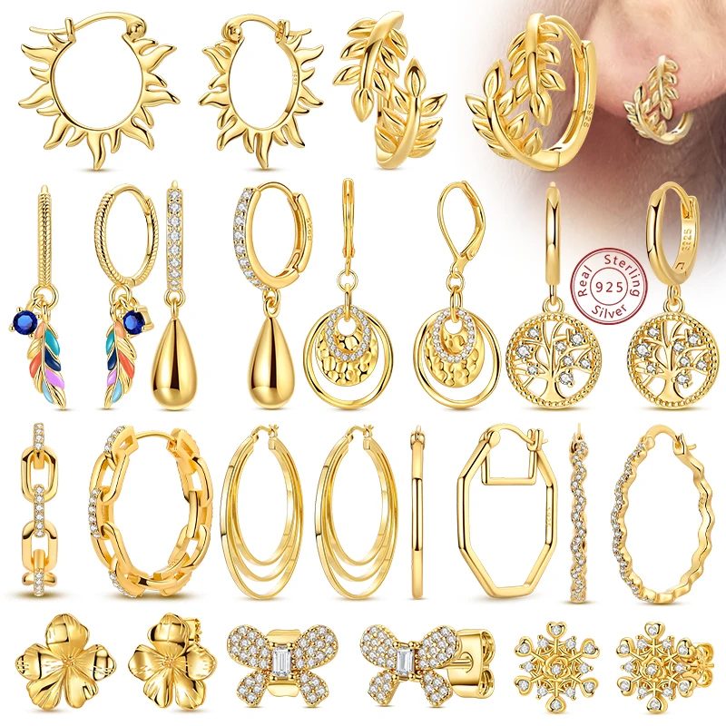 925 Sterling Silver Hoop Earrings Gold Series Snowflake Tree of Life Stud Drop Earring For Women Girl Party Wedding Jewelry Gift