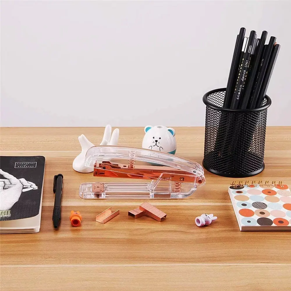 Small Office Stapler,Transparent Spring Powered Desktop Standard Stapler with Free 1000 Pieces Standard Staples - Rose Gold