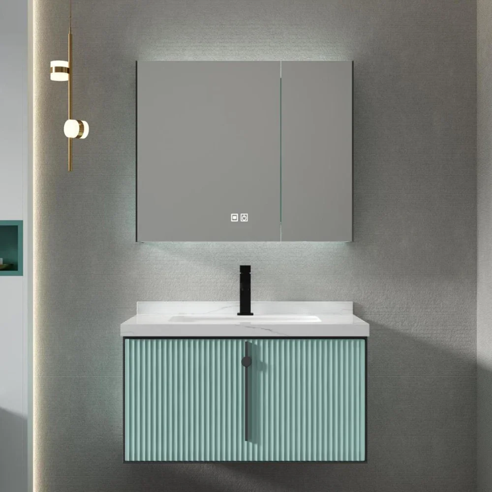 

European Hotel Restroom Furniture Marble Top Solid Wood Wall Mount LED Mirror Bathroom Vanity Unit Cabinet Set