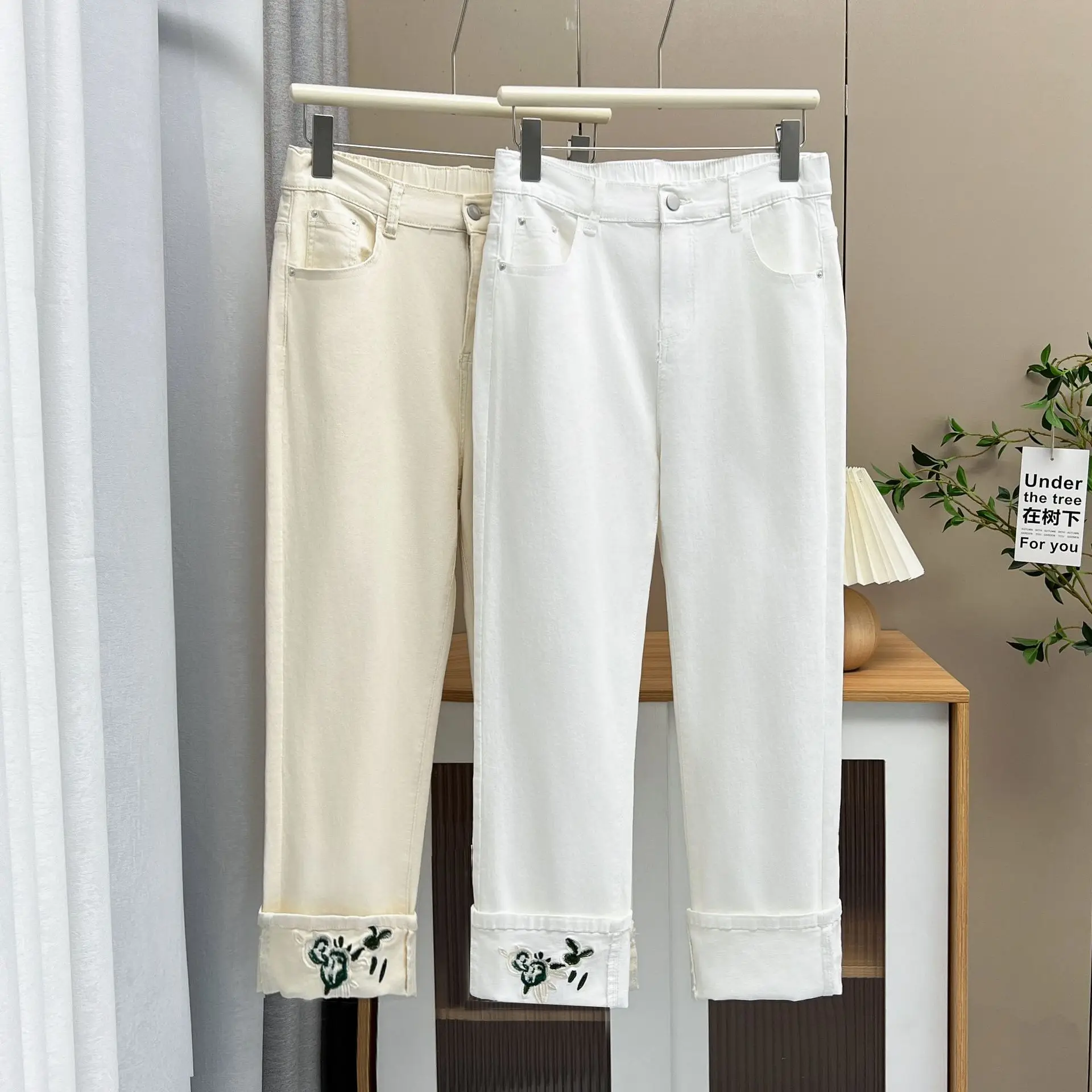 Size XL XXL Women Straight Leg Pants Autumn Slim High Waist Chinese Style Casual Stretched Embroidery Ankle-Length Pants 8919