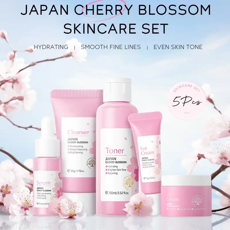 NEW 5PCS Gift Box Cherry Blossom Sakura Skin Care Set Eye Cream Serum Facial Cleanser Toner Facial Cream Beauty Makeup product