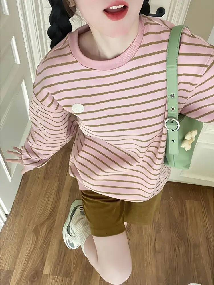 Pink Striped Sweatshirts Women Harajuku Sweet Cute Tender Girls College All-match Ulzzang Loose Sudaderas Y2k Clothes Panelled