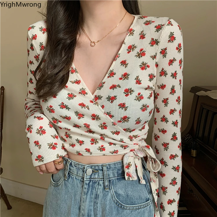 

Cute Flower Waist Lace-Up Bow Crop Top T-Shirt V-Neck Long Sleeve Sexy T Shirt Aesthetic Korean Clothing Fall Women y2k graphic