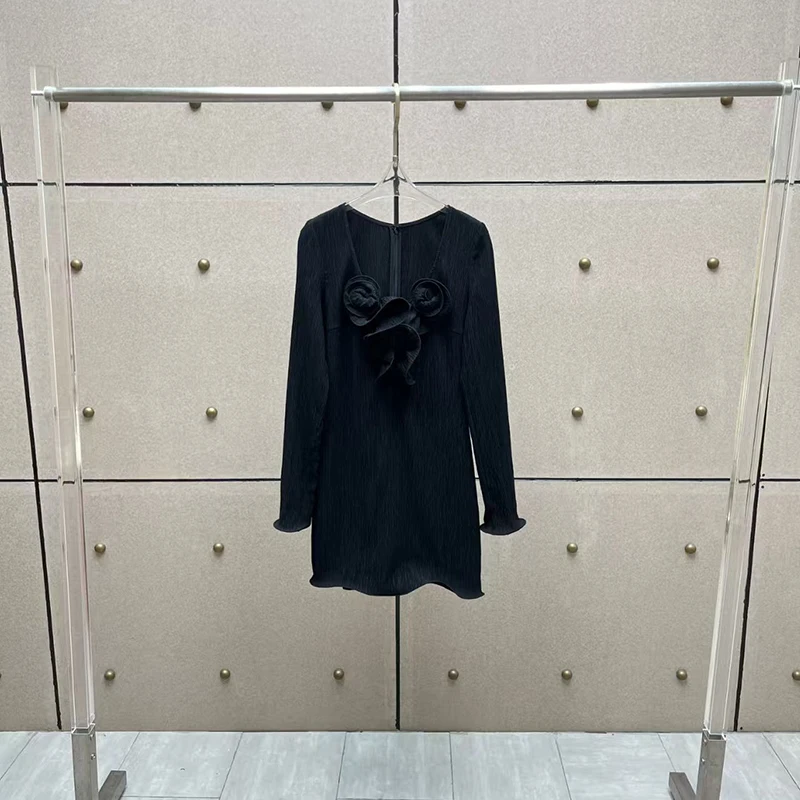 فستان نسائي زهري مطوي، تنورة قصيرة بأكمام طويلة ورقبة على شكل حرف U، فستان سهرة عصري ومثير شبه شفاف، خريف، جديد