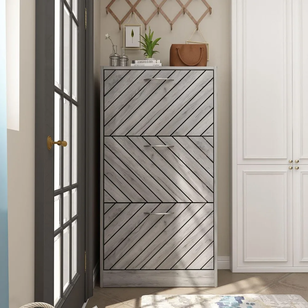 Modern Shoe Cabinet with 3 Flip Drawers, Freestanding Shoe Storage Organizer for Hallway Entryway Grey (22.4”W x 9.4”D x 42.3”H)