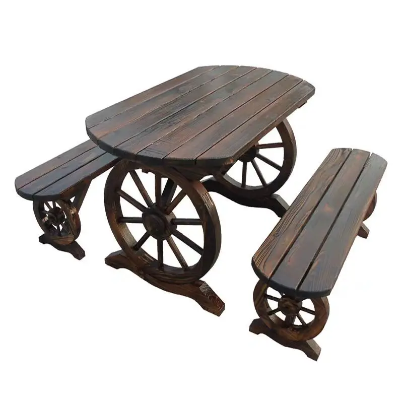 

Solid wood table and chair set outdoor courtyard leisure garden balcony open-air combination retro tea table stool