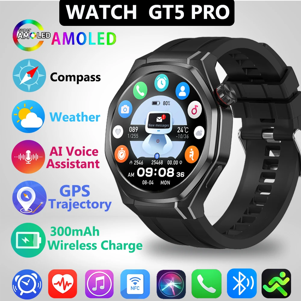 

2025 GT5 pro Men's Sports SmartWatch 1.53" AMOLED Screen GPS Compass 3ATM Waterproof Fitness Tracker Bluetooth Call Capability