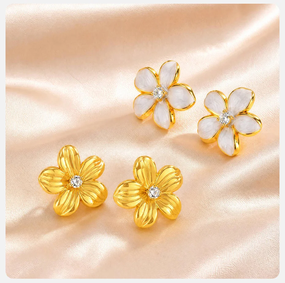 Vnox Trendige Niedliche Blumen-Emaille-Zirkonia-Ohrstecker für Frauen, Vergoldete Übertriebene Blumenohrringe, Alltags- und Party-Schmuck – Detail 5