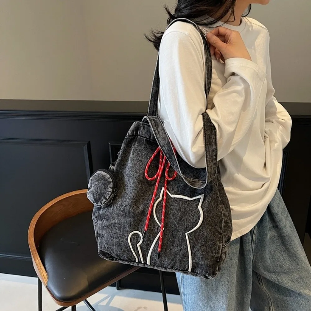 

Casual Vintage Women Tote Bags Denim Y2k Kitty Shoulder Bags Harajuku Large-capacity Drawstring Bag Handbag