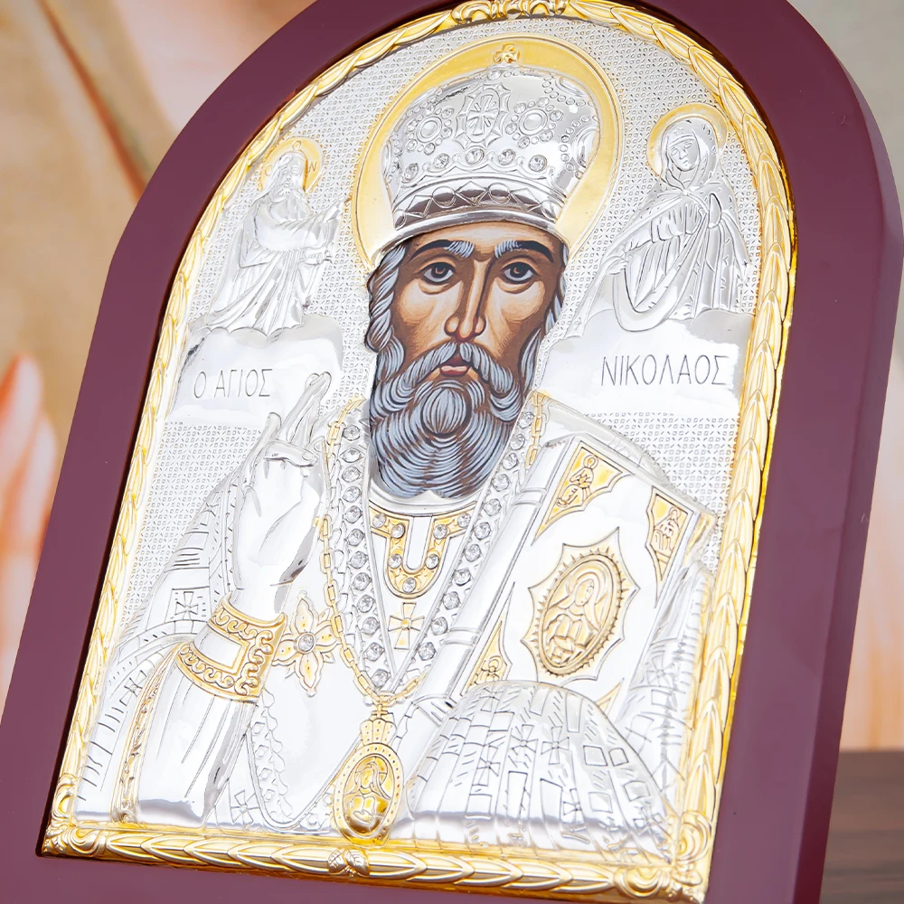 HTISOK Saint Nicholas Icon Gold Plated Zinc Alloy with Wooden Frame Religious Decor Christmas Home Decoration