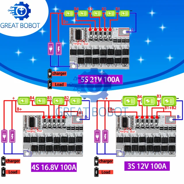 Płytka zabezpieczająca akumulator litowo-jonowy Li-ion Lmo trójskładnikowy 3S/4S/5S BMS 12V 16.8V 21V 3.7V 100A z balanserem i ładowaniem Li-polimerowym