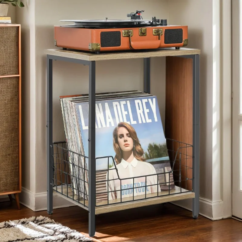 Iron & Wood Record Player Stand Retro Industrial Furniture Living Room Multi-Functional Bedside Table