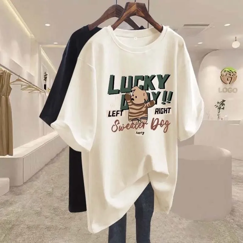 

Women Clothing Fashion All-match Pure Cotton Short Sleeve T-shirt Summer European Style Chic Print Pullover Casual Loose Top Tee