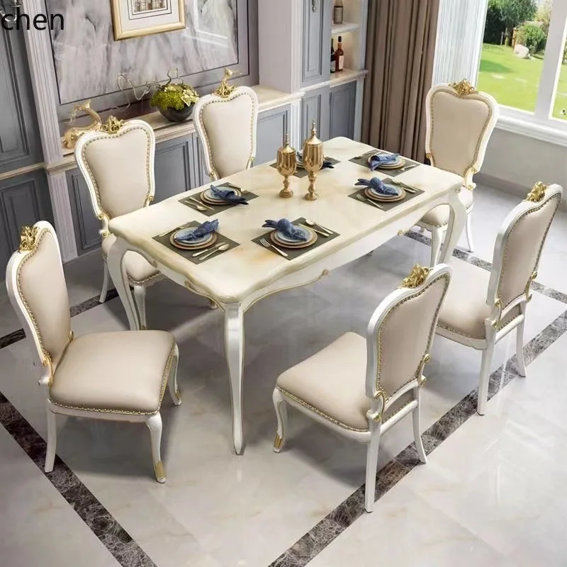 HT Combination Marble Dining Table and Chair Set Solid Wood Rectangular Simple Home Restaurant Dining Table