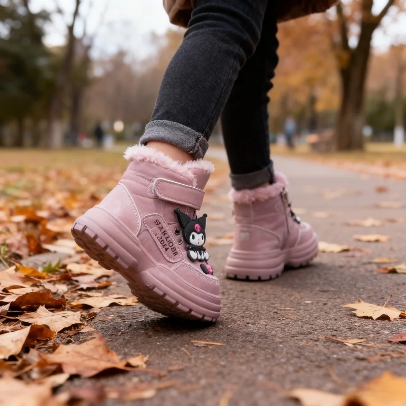 

Kids' Casual Shoes Kuromi PU Leather Winter Outdoor Running Sports Shoes For Girls Anti-slip Warm Purple Khaki Size 26-37