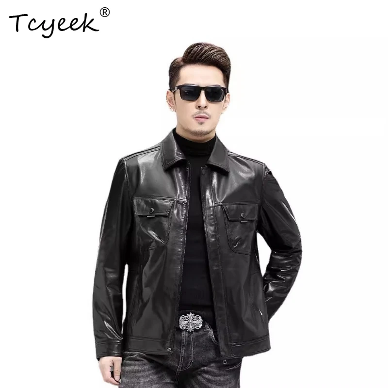 

Tcyeek Натуральная козья кожа Весна Осень Высококачественная модная черная мужская куртка с лацканами Jaqueta De Couro Masculina 가죽자켓