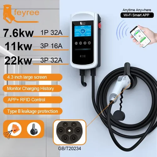 Feyree-cargador EV GB/T, 7,6 kW, 32A, Wallbox, pantalla grande de 4,3 pulgadas, aplicación de carga, registro histórico, 11kw, 22kw, estación de carga trifásica