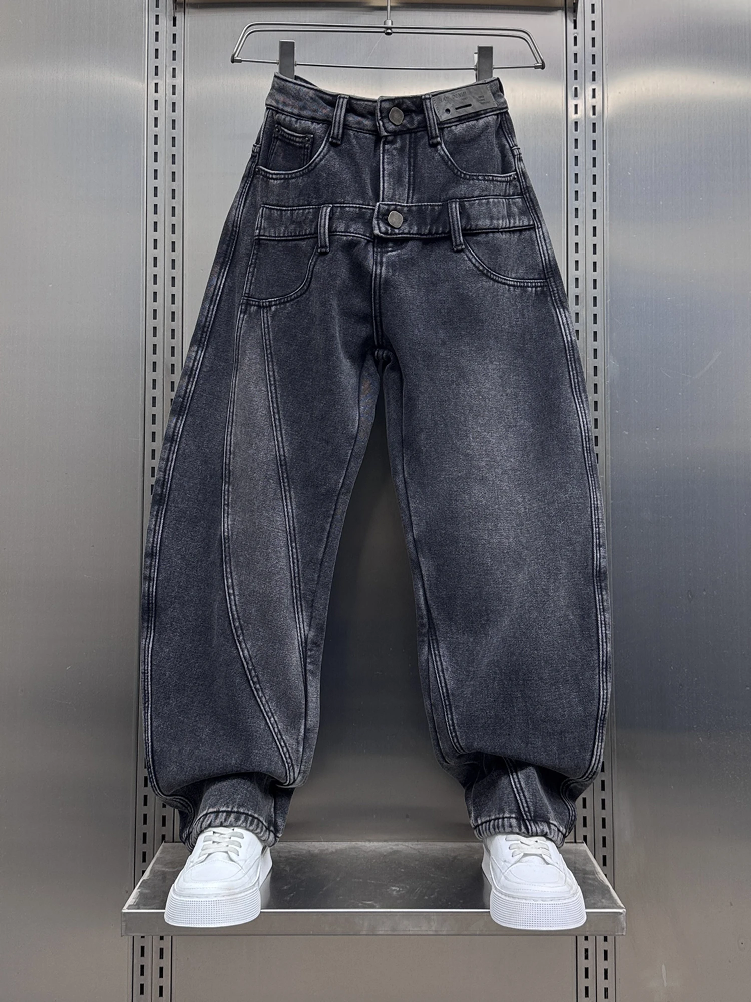 

Новые зимние мужские джинсы из денима с флисовой подкладкой, прямые, свободного кроя, в стиле «папины брюки», на молнии, со средней посадкой, однотонные, повседневные