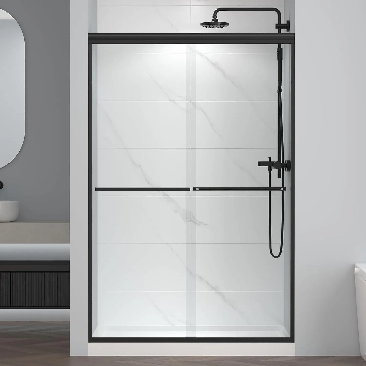

44-48" W x 72" H Semi-Frameless Bypass Sliding Shower Door, Easy-to-Clean Treated Clear Tempered Glass, Matte Black